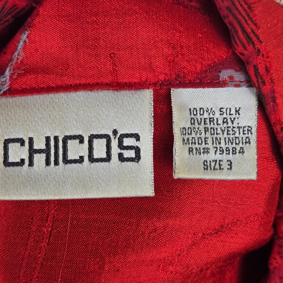 Chico's Size 3 (US XL) Red Multicolor Button Front Jacket 100% Silk Long Sleeve - Picture 10 of 12